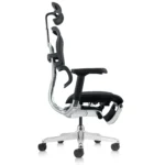 Side view of Ergohuman Legpro V2 high‑back ergonomic chair in grey, featuring fold‑out footrest, breathable mesh backrest with flexible lumbar support, contoured seat, and 5D adjustable armrests.