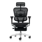Front view of Ergohuman Legpro V2 Grey ergonomic office chair with foldable footrest extended, breathable mesh backrest, contoured seat, and polished aluminum frame