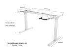 Image of the height adjustable desk with clear measurements showing the desk width, depth, and height range for a perfect fit in any workspace