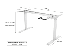 Image of the height adjustable desk with clear measurements showing the desk width, depth, and height range for a perfect fit in any workspace