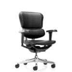 Angled view of Ergohuman Gen 2 mid-back leather office chair showcasing full-leather seat and back, polished aluminum frame, and ergonomic synchro‑tilt mechanism.