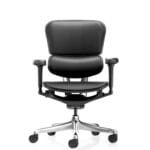 Front view of Ergohuman Gen 2 mid‑back leather office chair with full leather seat and backrest, polished aluminum frame, and height‑adjustable armrests.