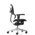 Side view of Ergohuman Gen 2 mid‑back leather chair featuring full leather seat and backrest, synchronized tilt mechanism, and polished frame.