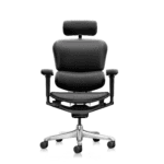 Front view of Ergohuman high-back black leather office chair with polished aluminum frame, adjustable headrest, 5D armrests, and ergonomic synchro-tilt mechanism.