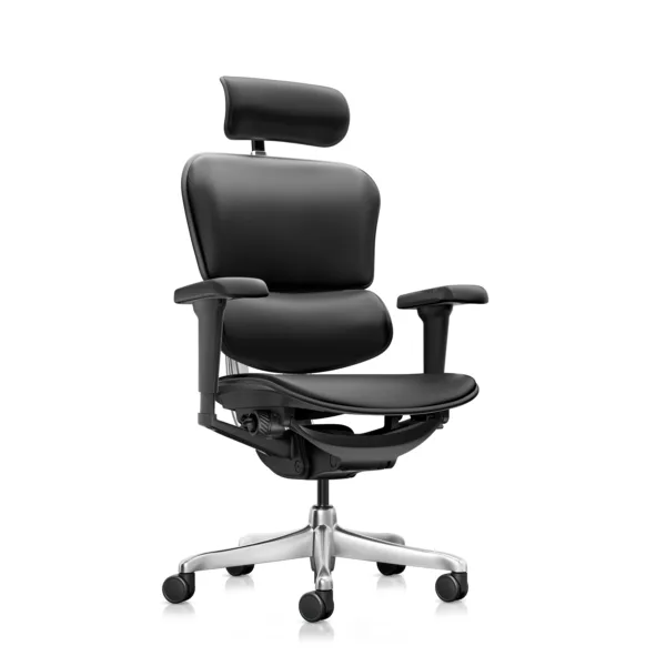 Angled view of Ergohuman high-back black leather office chair showcasing premium leather upholstery, polished aluminum frame, adjustable headrest, and 5D armrests.