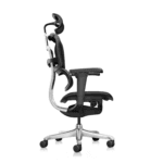 Side view of Ergohuman high-back black leather office chair with polished aluminum frame, synchro-tilt mechanism, adjustable headrest, and 5D armrests.