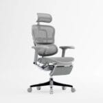 Angled view of the Ergohuman Legpro V2 Grey ergonomic office chair, showcasing its breathable mesh back, contoured seat, 5D adjustable armrests, foldable footrest, and integrated tablet stand, designed for optimal comfort and posture support.