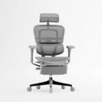 Front view of the Ergohuman Legpro V2 Grey ergonomic office chair, showcasing its sleek mesh back, contoured seat, 5D adjustable armrests, and foldable footrest, designed for optimal comfort and posture support.