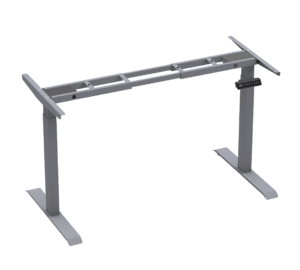 Angled view of the grey height adjustable desk frame, highlighting its sturdy build, smooth adjustment mechanism, and modern design for ergonomic workspace solutions