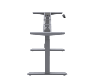Side view of the grey height adjustable desk frame, showcasing its strong metal construction and smooth, adjustable lift mechanism for ergonomic desk height adjustments