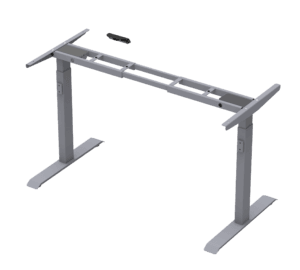 Close-up image of the grey height adjustable desk frame, showcasing its sturdy metal construction and sleek design for a modern workspace