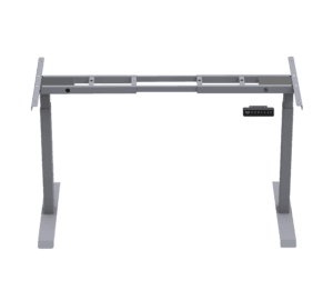 Front view of the grey height adjustable desk frame, highlighting its sturdy metal structure and smooth adjustment mechanism for seamless height changes