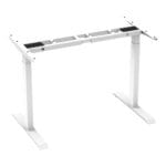 Angled view of the white height adjustable desk frame, highlighting its sturdy metal construction and modern design, perfect for creating a clean and ergonomic workspace