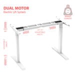 Diagram showing precise measurements of the height adjustable desk frame, including width, depth, and adjustable height range to ensure an ergonomic and customized workspace setup