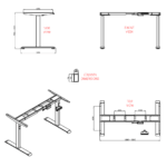 Detailed multi-angle diagram of the height adjustable desk frame showcasing front, side, back, and angled views, highlighting its sturdy construction and adjustable features for ergonomic workspace setups