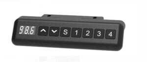Close-up of the height adjustable desk remote, featuring simple controls for easily adjusting desk height to your preferred ergonomic position