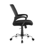 Side view of the Luna Office Chair featuring a breathable mesh backrest, cushioned seat, fixed armrests, and a tilt mechanism, set in a modern office environment.