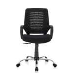 Front view of the Luna Office Chair featuring a breathable mesh backrest, padded seat cushion, fixed armrests, and a tilt mechanism, set in a modern office environment.