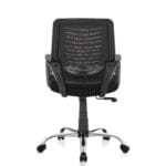 Back view of the Luna Office Chair featuring a breathable mesh backrest, cushioned seat, fixed armrests, and a tilt mechanism, set in a modern office environment.