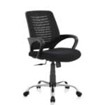 Angled view of the Luna Office Chair featuring a breathable mesh backrest, cushioned seat, fixed armrests, and a tilt mechanism, set in a modern office environment.