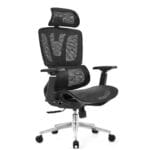 Angled view of the Venzo Ergonomic Office Chair showcasing its black mesh backrest, adjustable armrests with PU arm pads, lumbar support, and a sturdy 5-star base with rolling casters, set in a modern office environment.