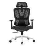 Venzo Ergonomic Office Chair featuring a breathable black mesh backrest, padded seat cushion, adjustable armrests with PU arm pads, lumbar support, and a sturdy 5-star base with rolling casters, set in a modern office environment.