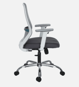Side view of the Polar Office Chair featuring a breathable mesh backrest, cushioned seat, height-adjustable armrests, and a tilt mechanism, set in a modern office environment.