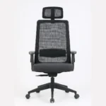 Front view of Amaze ergonomic office chair with black mesh backrest, adjustable armrests, and headrest — ideal for office use in India.