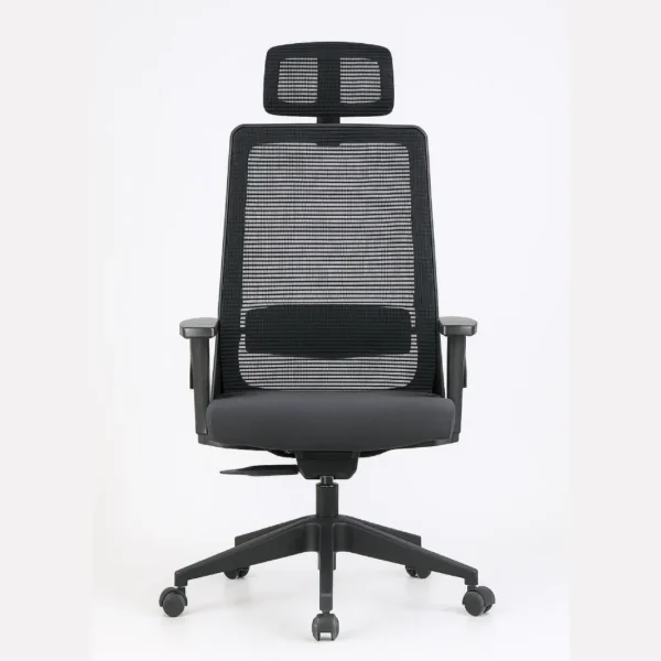 Front view of Amaze ergonomic office chair with black mesh backrest, adjustable armrests, and headrest — ideal for office use in India.