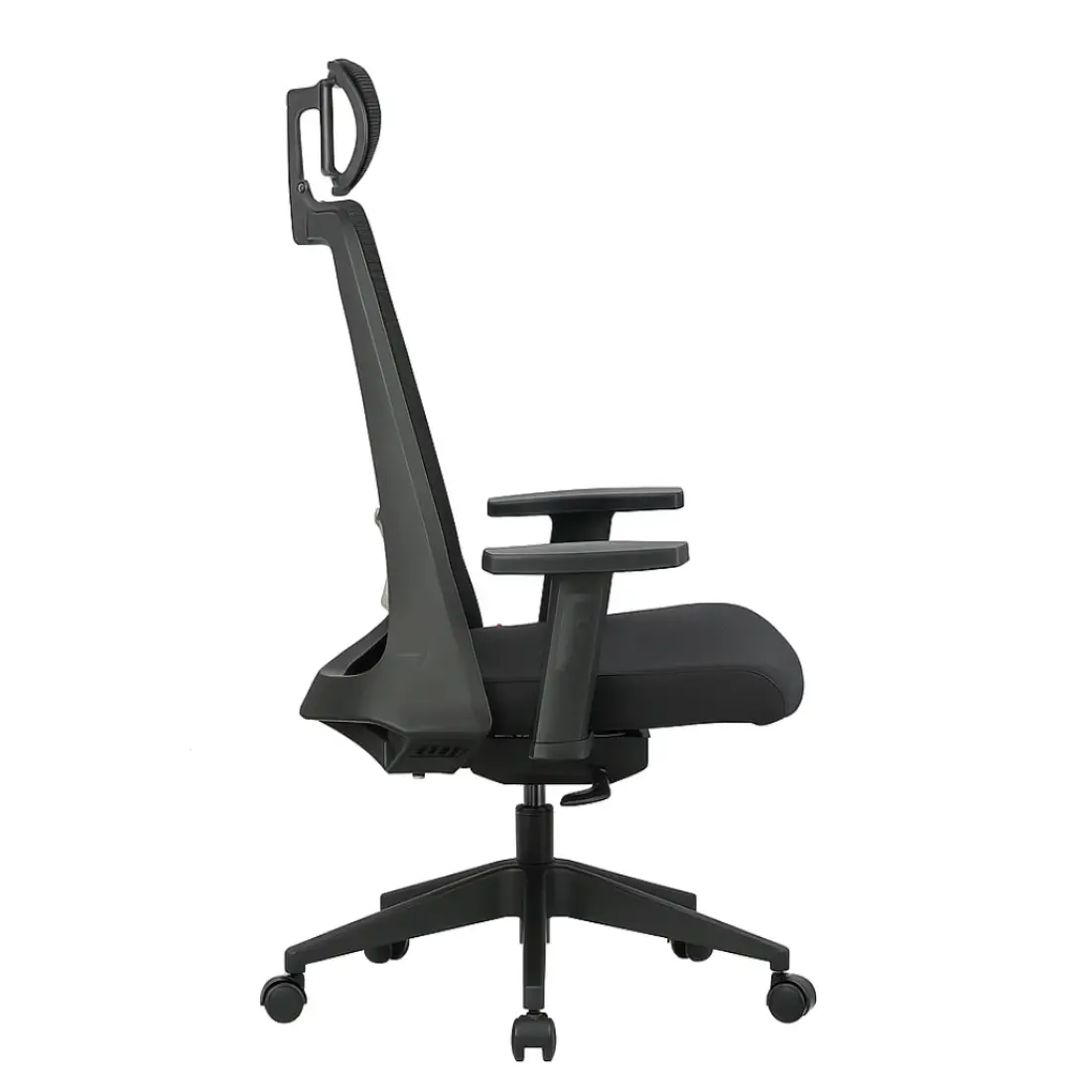 Amaze ergonomic office chair side view showing adjustable armrests, mesh backrest, and headrest — ideal for modern workspaces