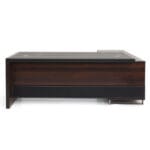 Full front view of HP‑587 executive office table with brown laminated surface, leatherette top, and built‑in storage drawers.