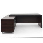 Full view of HP‑587 executive office table with white background, featuring a laminated surface and leatherette top in a rich brown finish.