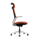 Side view of a sleek tan ergonomic office chair with headrest and chrome base on white background – modern executive seating