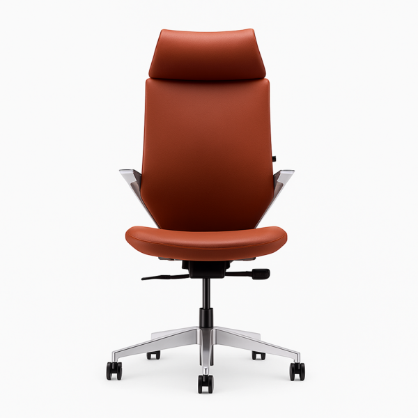 Front view of a sleek tan ergonomic office chair with headrest and chrome base on white background – modern executive seating