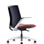 Modern ergonomic office chair with a black backrest, tan leather seat, and polished aluminum frame on casters, displayed against a plain white background.