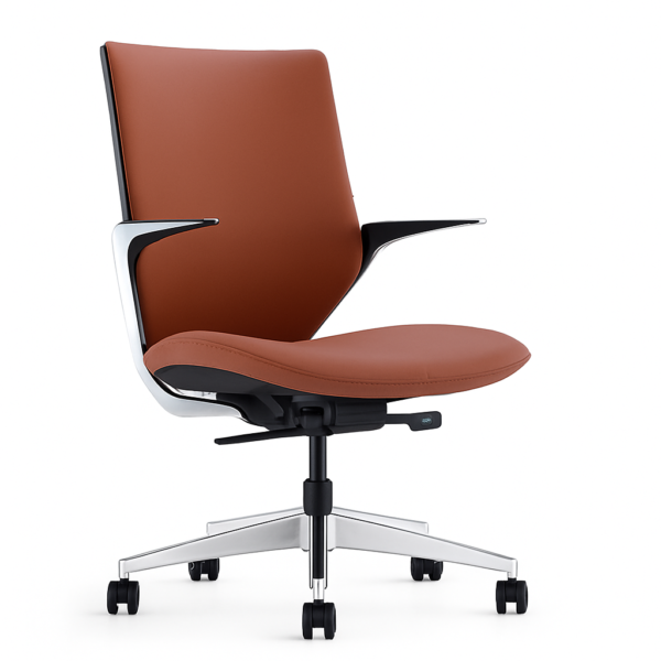 Modern ergonomic office chair with a black backrest, tan leather seat, and polished aluminum frame on casters, displayed against a plain white background.