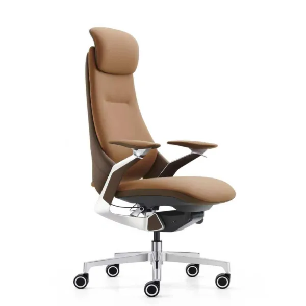 Angled view of Tesla luxury ergonomic executive chair in tan color with padded cushions and adjustable features.