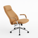 Three-quarter angled view of the Discovery high-back office chair showing ergonomic backrest and premium tan upholstery.