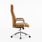 Side profile of Discovery high-back executive chair with contoured backrest, adjustable height, and chrome-plated armrests.
