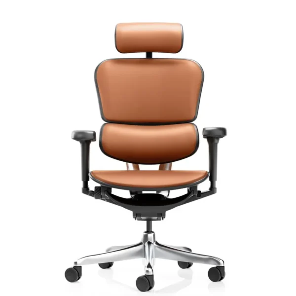 Front view of Ergohuman executive chair with full leather seat and back in tan, featuring high backrest and premium design