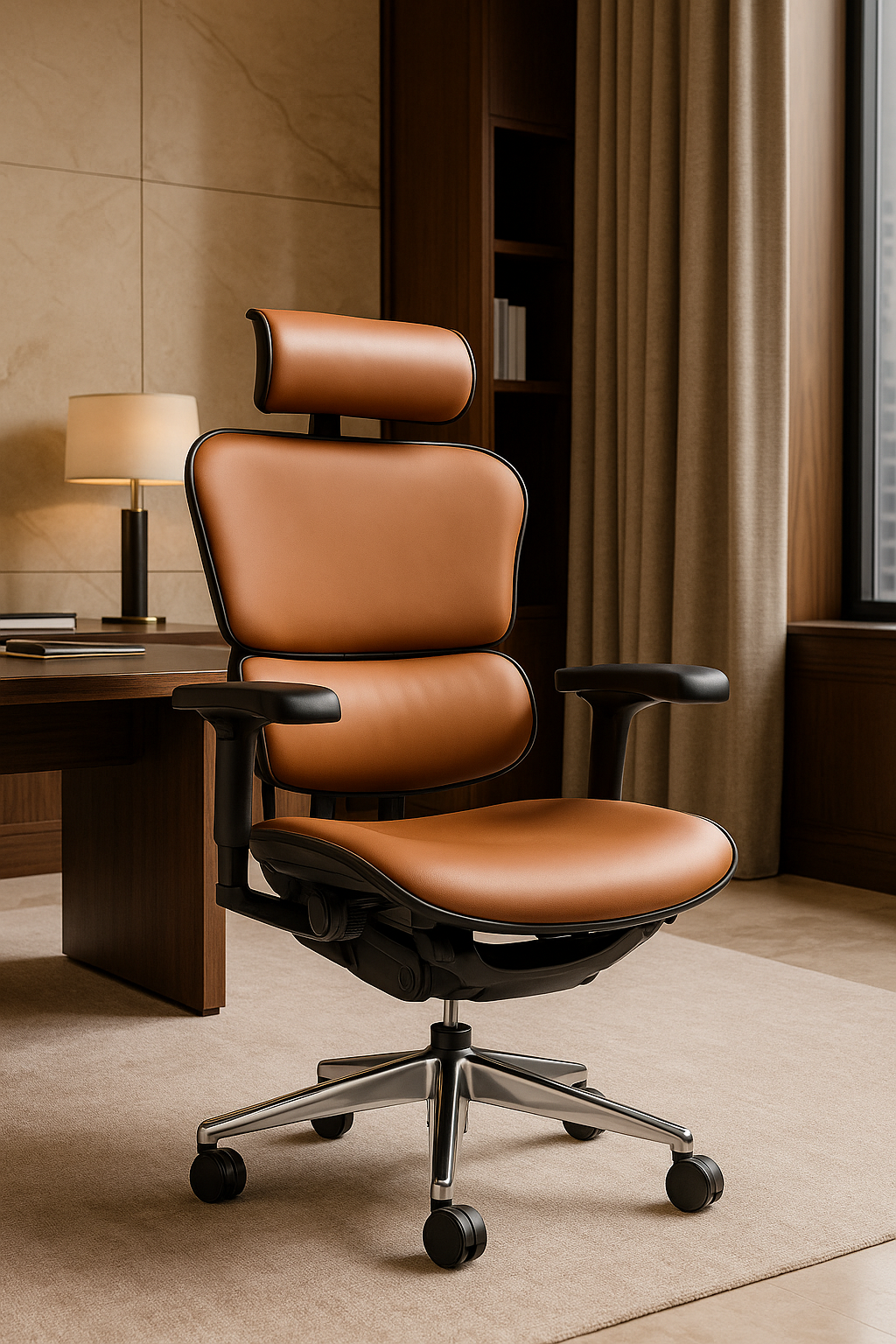 Ergohuman luxury ergonomic office chair with premium tan leather in a modern executive workspace setting
