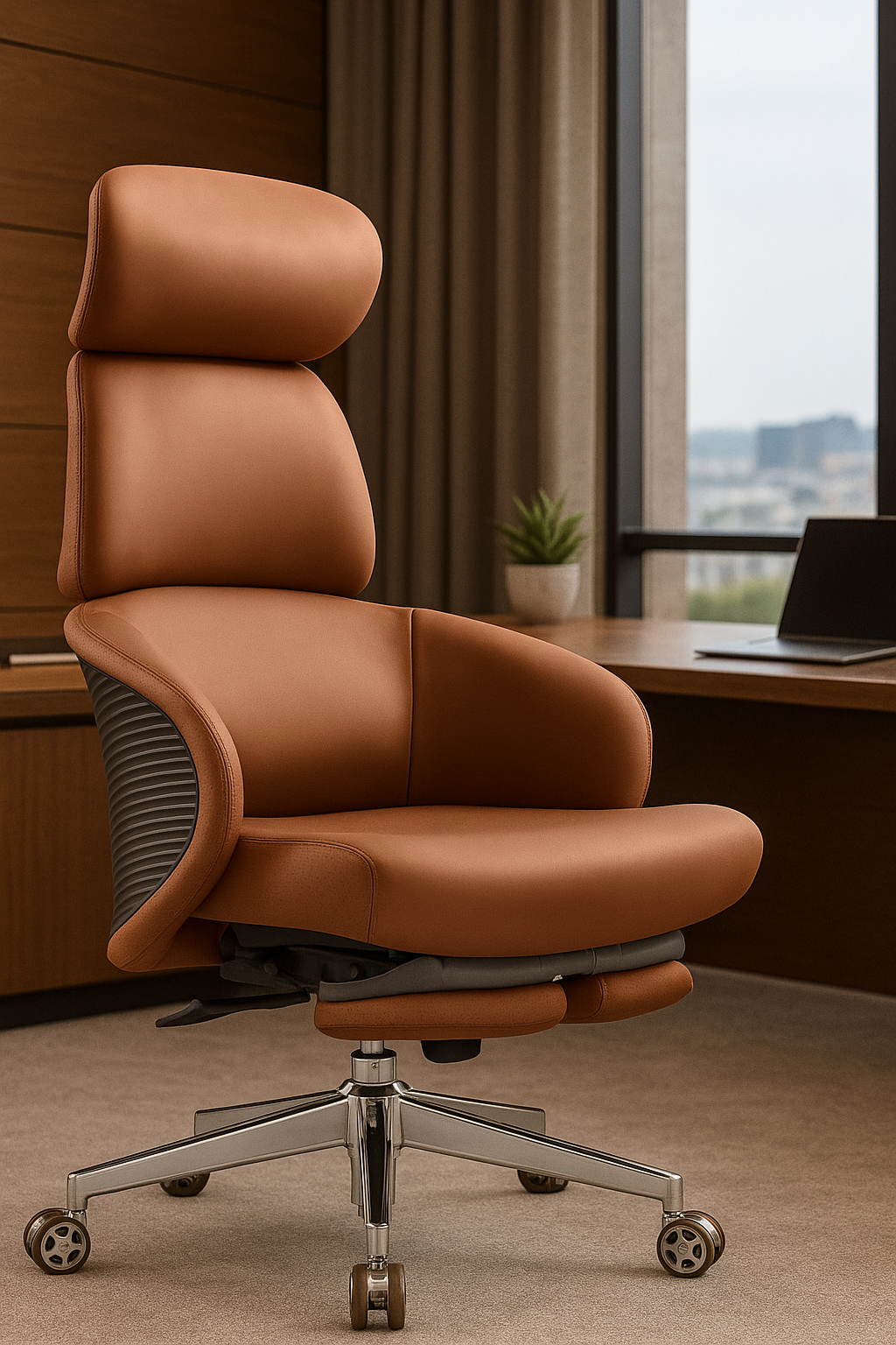 Executive high back office chair in tan leather placed in a modern boss cabin with large window and wooden desk