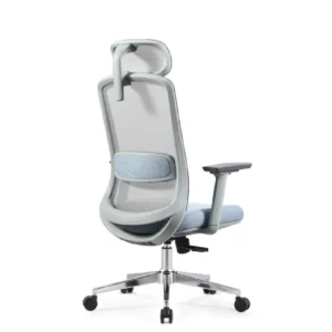 Rear view of Nova High Back ergonomic office chair showing breathable mesh backrest, adjustable headrest, lumbar support, and chrome base with smooth-rolling nylon castors.