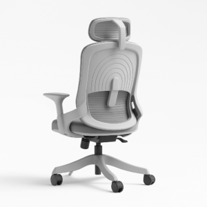 Rear view of Polo office chair highlighting the curved mesh backrest with lumbar support, headrest, and durable caster base for smooth movement
