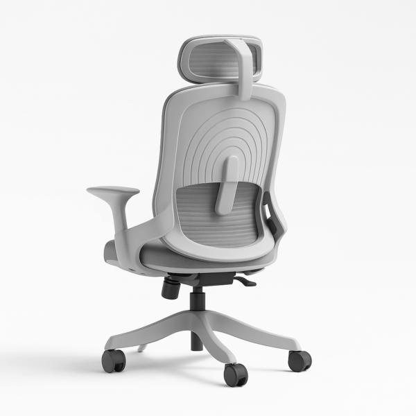 Rear view of Polo office chair highlighting the curved mesh backrest with lumbar support, headrest, and durable caster base for smooth movement