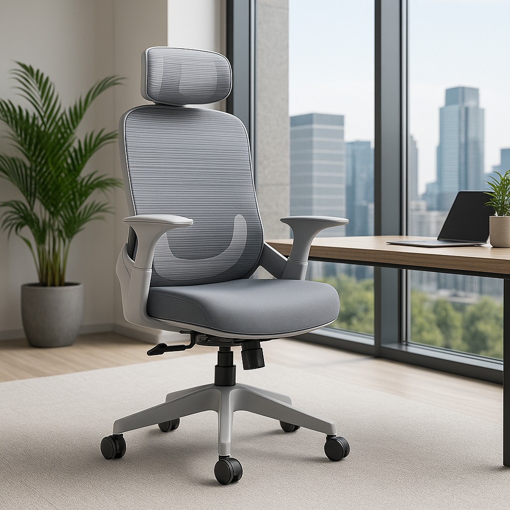 Modern ergonomic office chair with mesh back, adjustable headrest, and padded seat, placed in a contemporary corporate workspace with large windows and a city skyline view