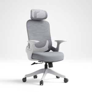Side profile of Polo ergonomic chair showing contoured seat, mesh back, tilt lever, and sculpted armrests on a 5-wheel base