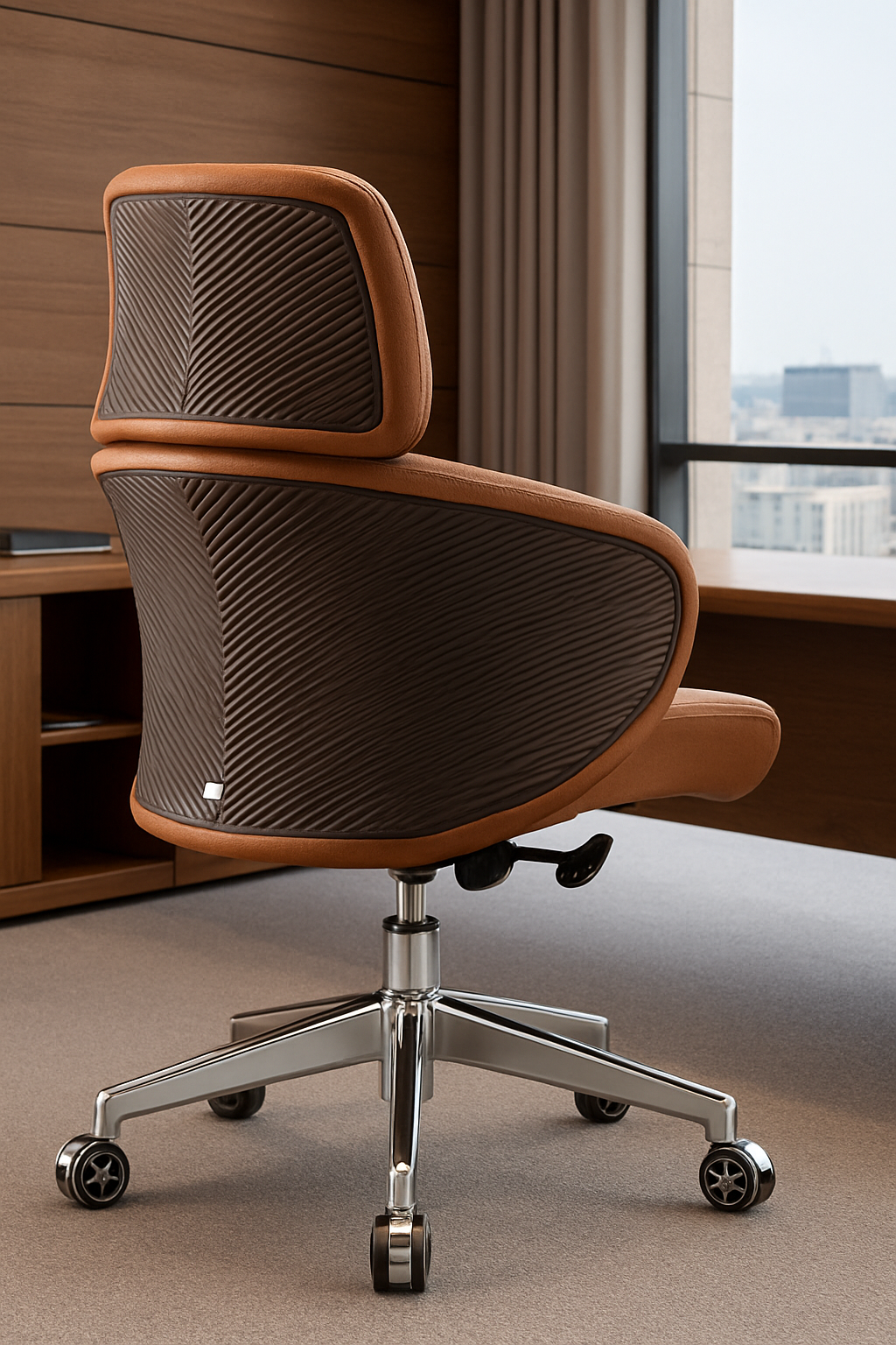Rear view of Rapid Medium Back Office Chair in tan leather with textured dark backrest and metal base