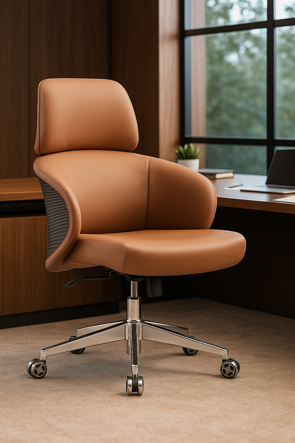 rapid-medium-back-office-chair-tan-leather-boss-cabin Rapid Medium Back - Buy Office Chairs in Tan Leather placed in a premium boss cabin with wooden desk and large window
