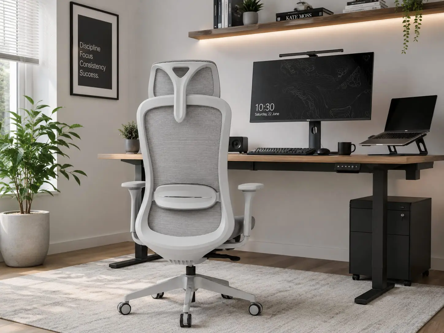 Titan Ergonomic Chair Grey in Modern Office Workspace Setup with Adjustable Mesh Back Support